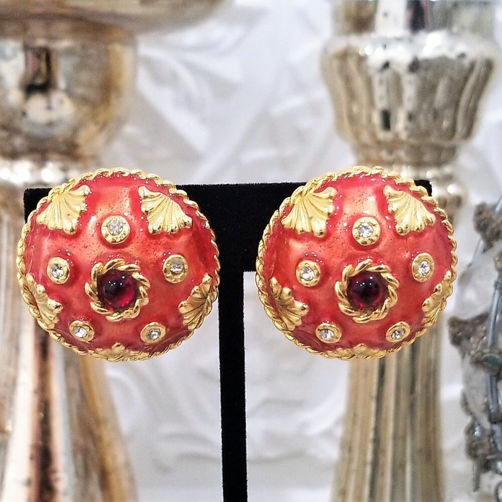 Vintage YOSCA Designer Apricot Enamel Cabochon Jeweled Clip-on Earrings Round